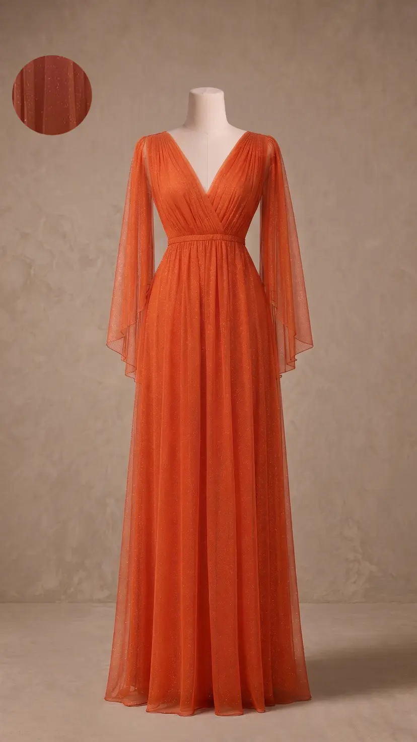 Vestido longo — Laranja Brilhoso — frente