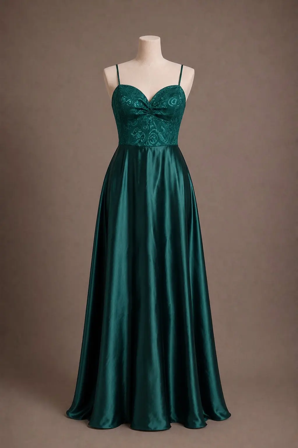 Vestido longo — Verde Escuro com Renda e Cetim — frente