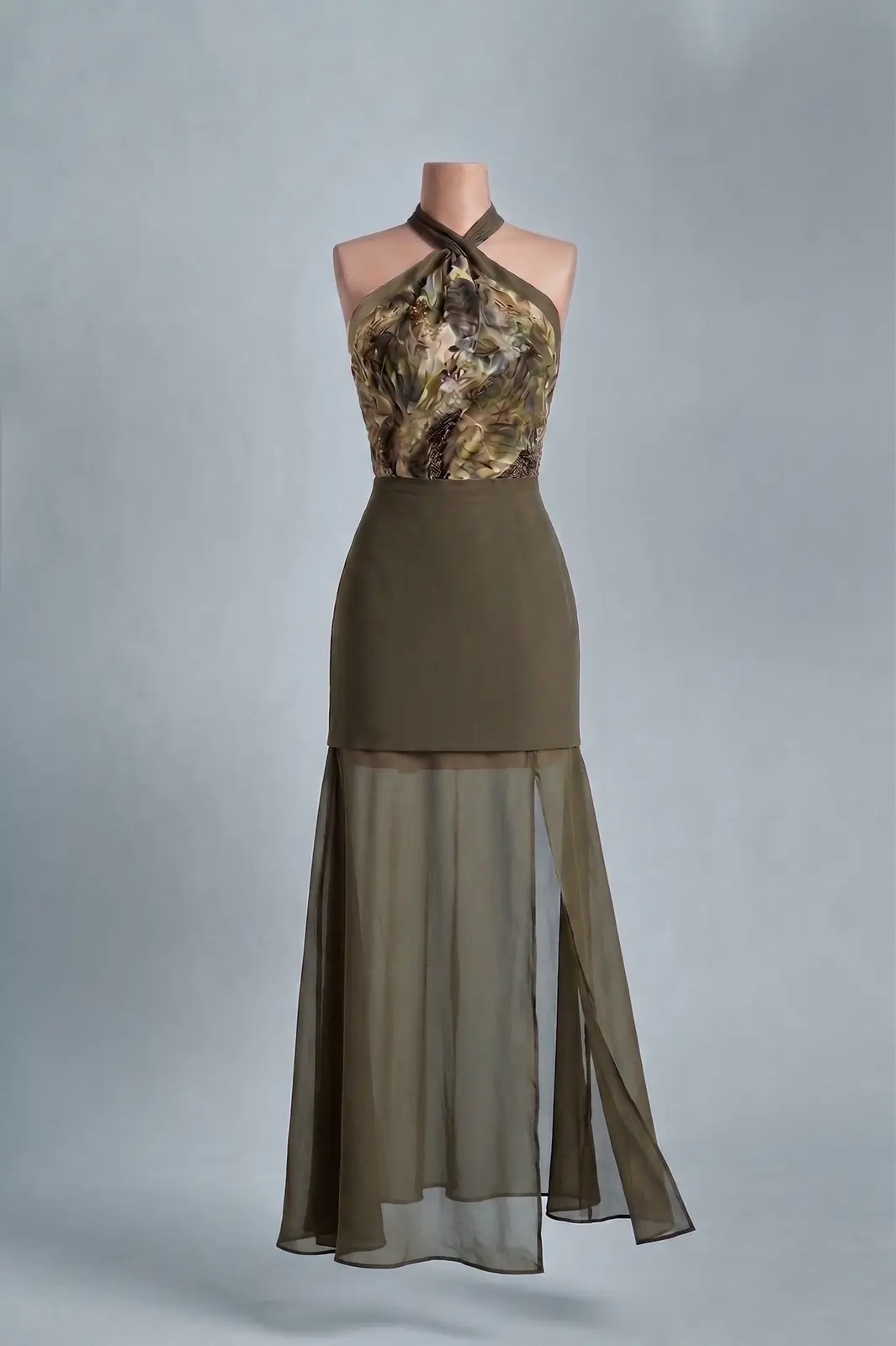 Vestido longo — Verde Oliva Estampado — frente